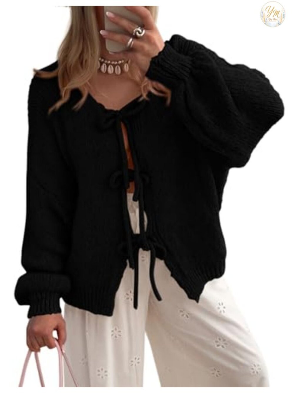 Women's Tie Front Bow Cardigan Sweater Long Sleeve Open Front Knit